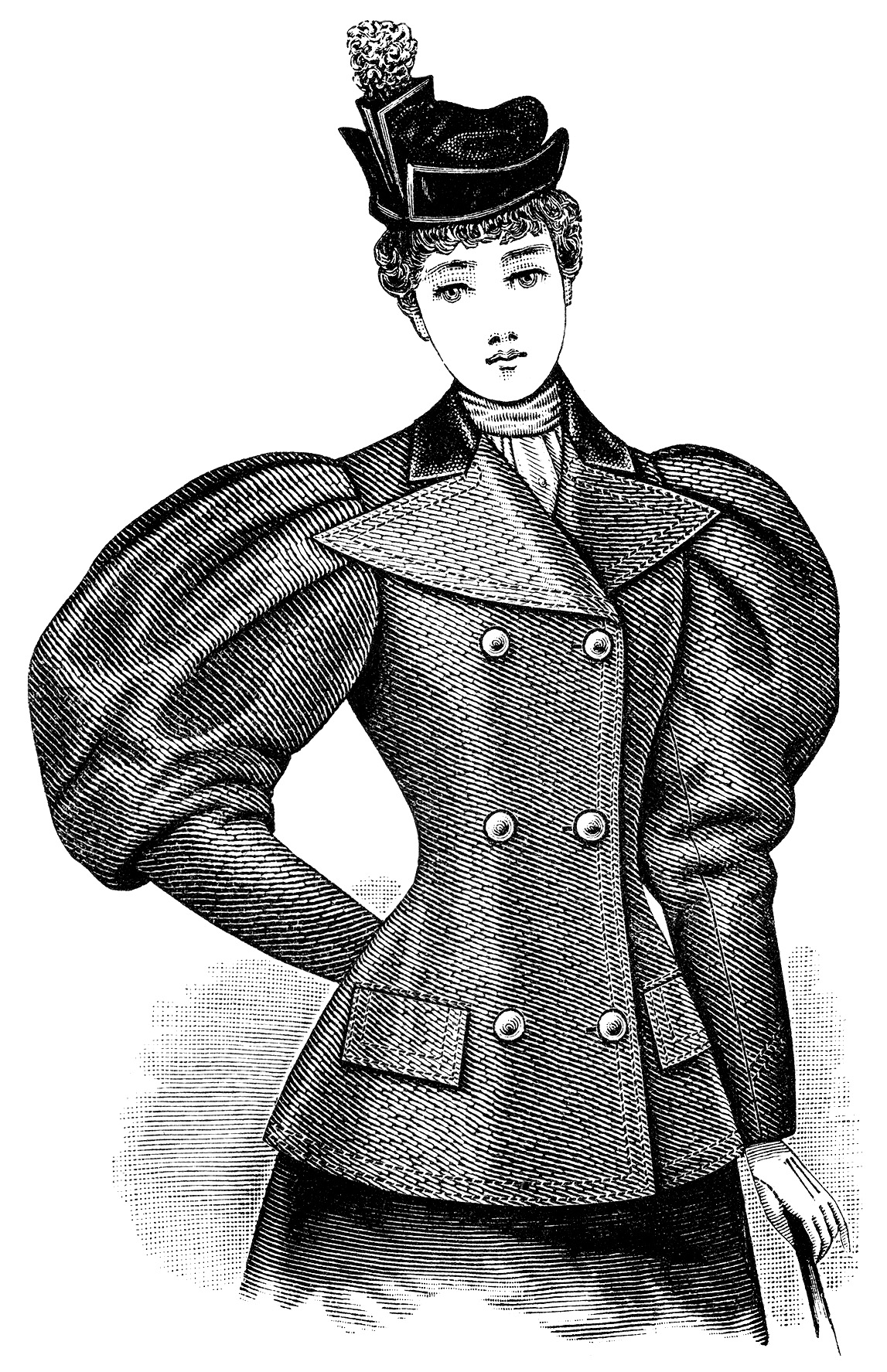 Victorian lady illustration, vintage woman clip art, black and white clipart, Edwardian fashion image, antique jacket style