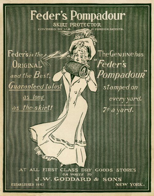 Feder’s Pompadour, vintage magazine ad, Victorian lady, old fashioned advertisement, feders skirt protector