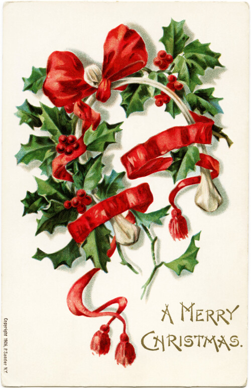 antique horseshoe card, printable Christmas graphic, old Christmas postcard, wishbone holly berries image, free vintage Christmas clipart