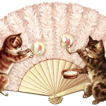 Victorian clip art, cat blowing bubbles, kitten bubble clipart, vintage kittens at play illustration, whimisical animal graphics, vintage cat image