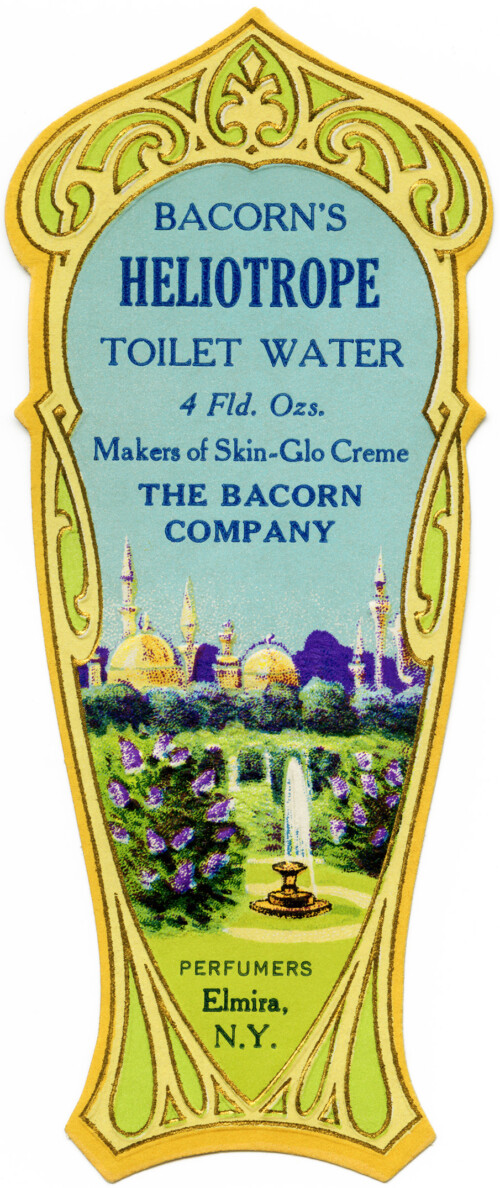 vintage perfume label, bacorns toilet water, vintage beauty clip art, Victorian perfume graphic, heliotrope toilet water