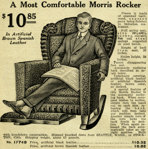 black and white clipart, old catalogue listing, vintage recliner chair, young man sitting in chair clip art, vintage chair illustration, morris rocker ad