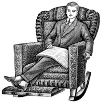 black and white clipart, old catalogue listing, vintage recliner chair, young man sitting in chair clip art, vintage chair illustration, morris rocker ad