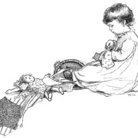 Little Penelope’s Sewing, black and white clip art, young girl sewing illustration, Anna M. Pratt poem, vintage sewing graphics