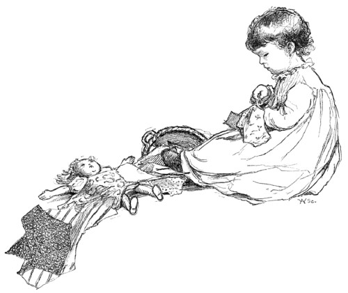 Little Penelope’s Sewing, black and white clip art, young girl sewing illustration, Anna M. Pratt poem, vintage sewing graphics