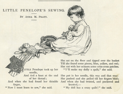 Little Penelope’s Sewing, black and white clip art, young girl sewing illustration, Anna M. Pratt poem, vintage sewing graphics
