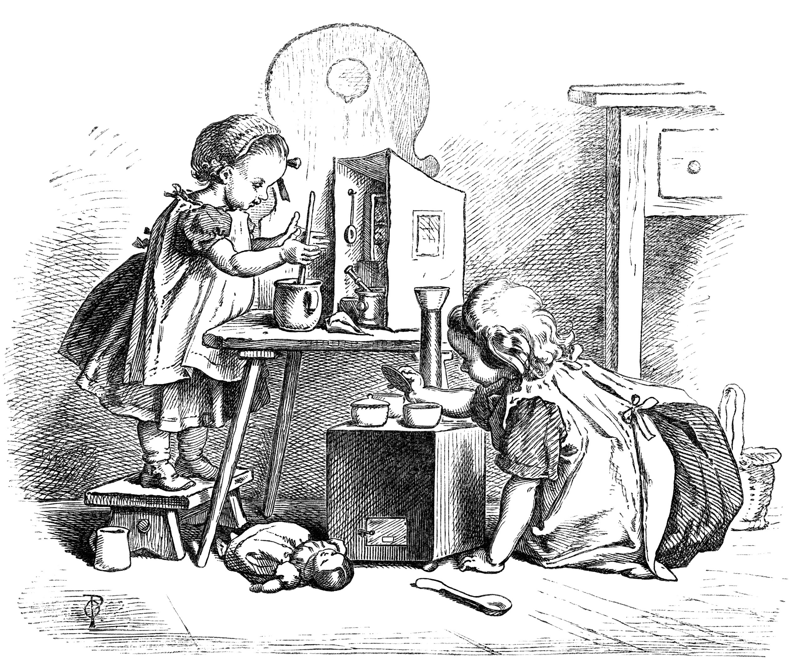 black and white clip art, Oscar pletsch engraving, Victorian girls printable, little cooks storybook illustration, girls cooking clip art, vintage children in kitchen image