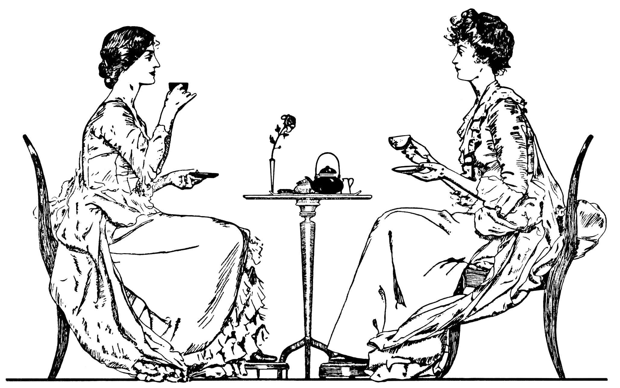 Victorian tea time, ladies drinking tea, black and white clip art, vintage tea party clipart, old book page, Victorian wedding customs