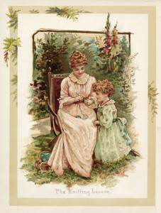 vintage storybook illustration, the knitting lesson, Victorian mother and child, knitting outdoors image, sunbeams and me, vintage mom and daughter printable