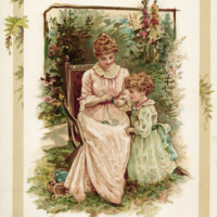 vintage storybook illustration, the knitting lesson, Victorian mother and child, knitting outdoors image, sunbeams and me, vintage mom and daughter printable