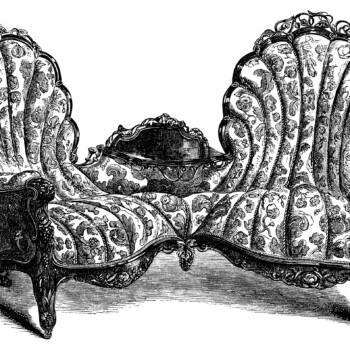 Victorian furniture clip art, vintage couch set, living room sofa engraving, antique chair illustration, black and white clip art