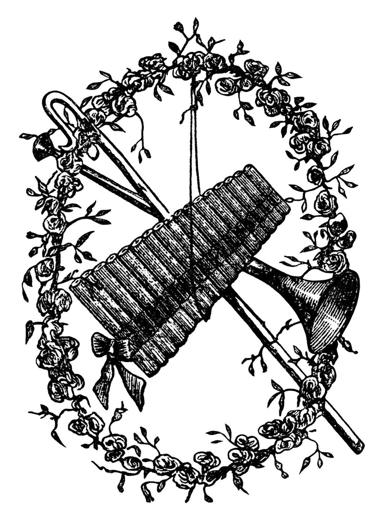black and white clipart, vintage garland of roses clip art, rose wreath illustration, pandean reeds, oval decorated wreath image