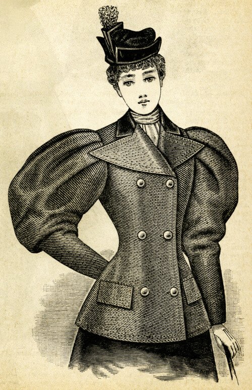 Victorian lady illustration, vintage woman clip art, black and white clipart, Edwardian fashion image, antique jacket style