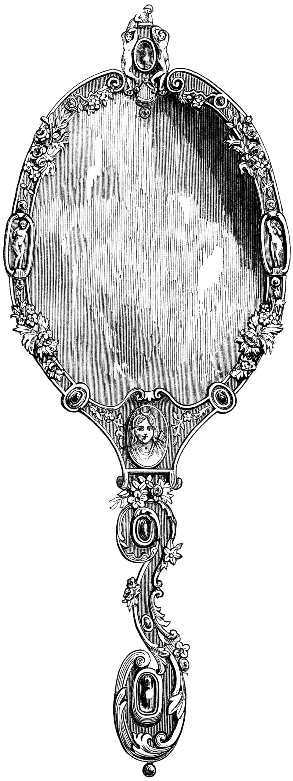 vintage hand held mirror, fairy tale mirror, black and white clip art, fairy tale clip art, old fashioned mirror