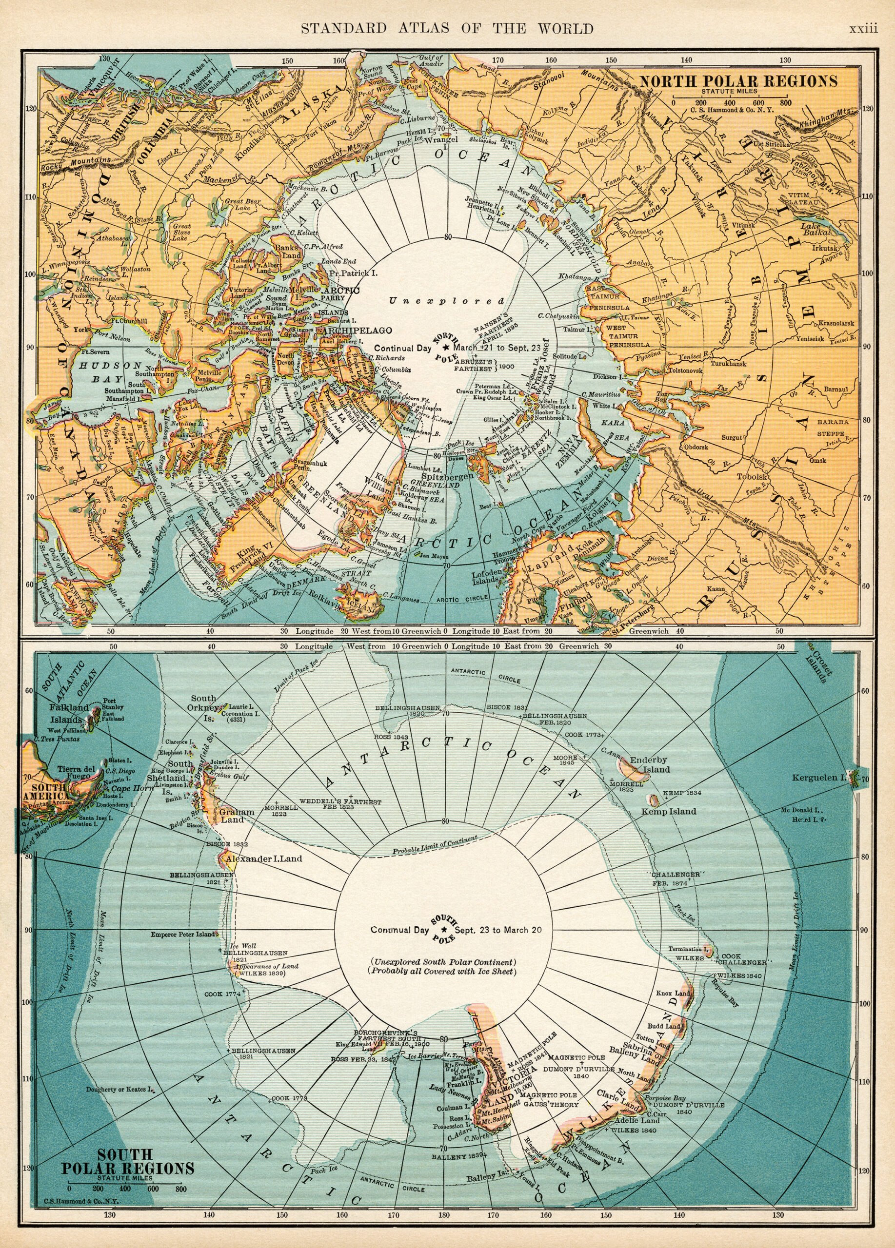 North and South Polar regions, vintage map download, antique map, C. S. Hammond, north pole map, south pole map