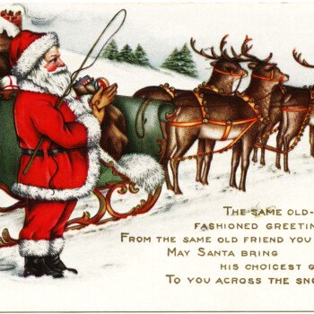 Victorian Christmas postcard, vintage santa clip art, old fashioned Christmas card, santa sleigh reindeer illustration, whitney made Christmas postcard