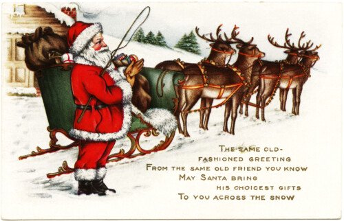 Victorian Christmas postcard, vintage santa clip art, old fashioned Christmas card, santa sleigh reindeer illustration, whitney made Christmas postcard