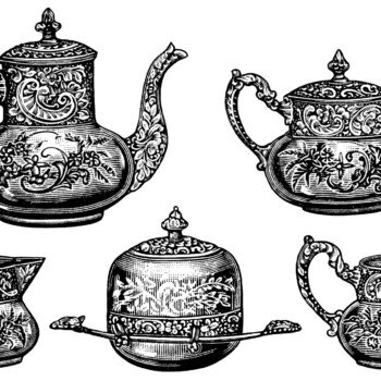 Victorian tea set, antique teapot, vintage tea clip art, black and white graphics, tea party clipart