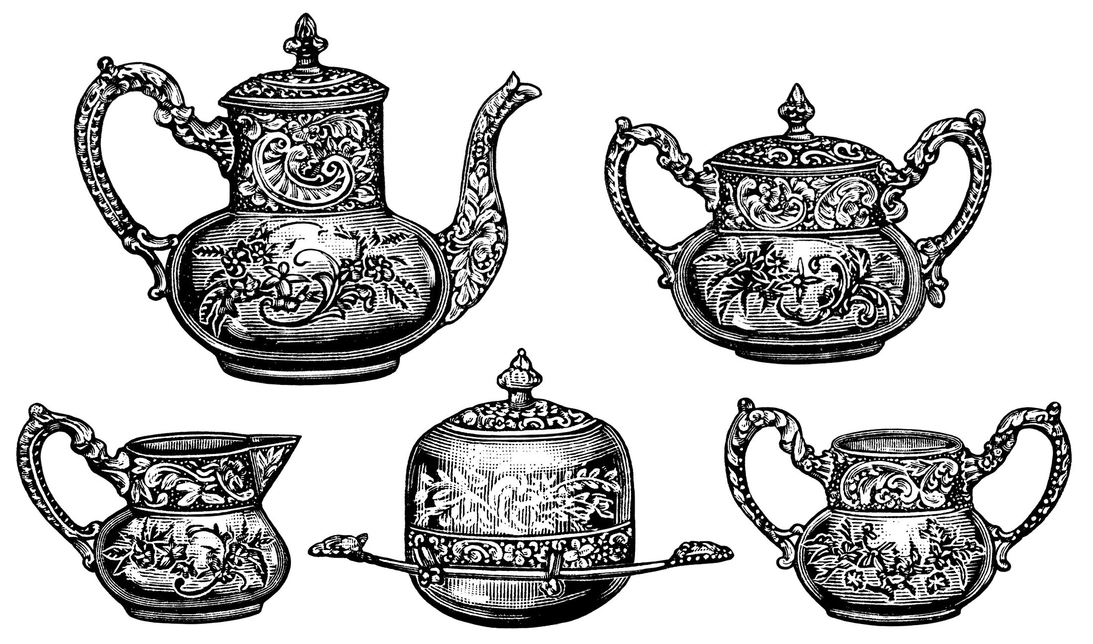 Victorian tea set, antique teapot, vintage tea clip art, black and white graphics, tea party clipart