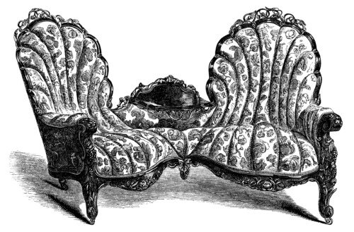 Victorian furniture clip art, vintage couch set, living room sofa engraving, antique chair illustration, black and white clip art