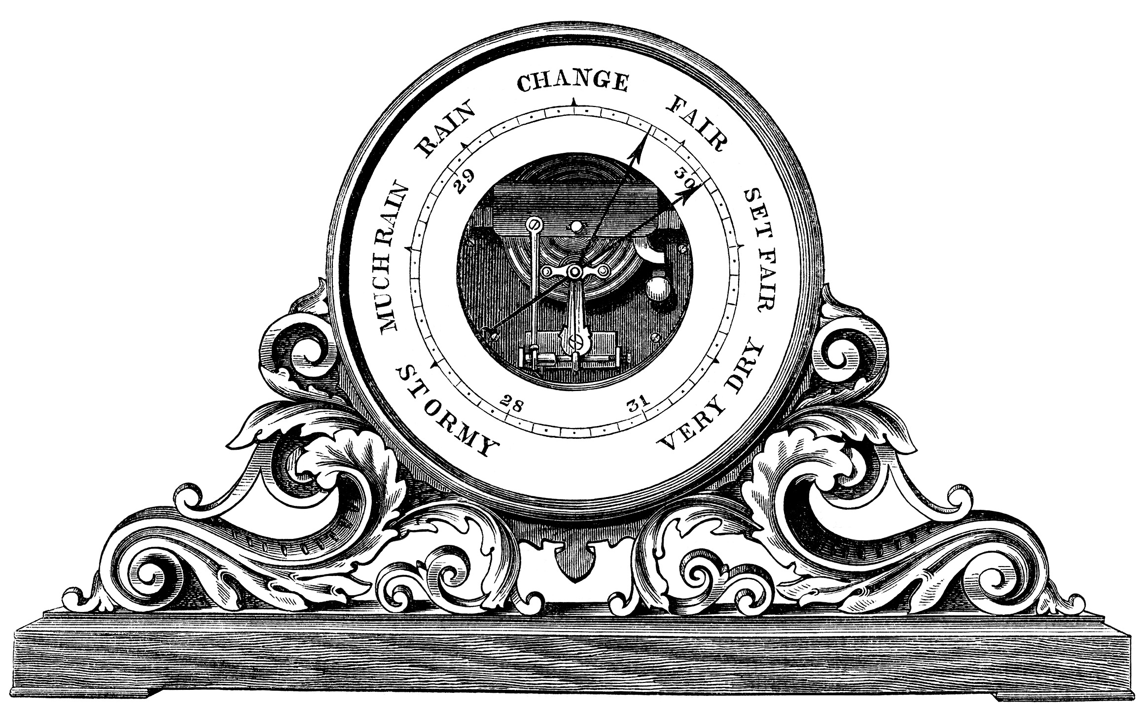 barometer clip art, black and white graphics, vintage barometer engraving, aneroid barometer illustration, weather clipart
