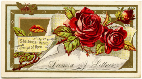 Victorian calling card, vintage ephemera, free vintage card, old fashioned visiting card, red roses illustration