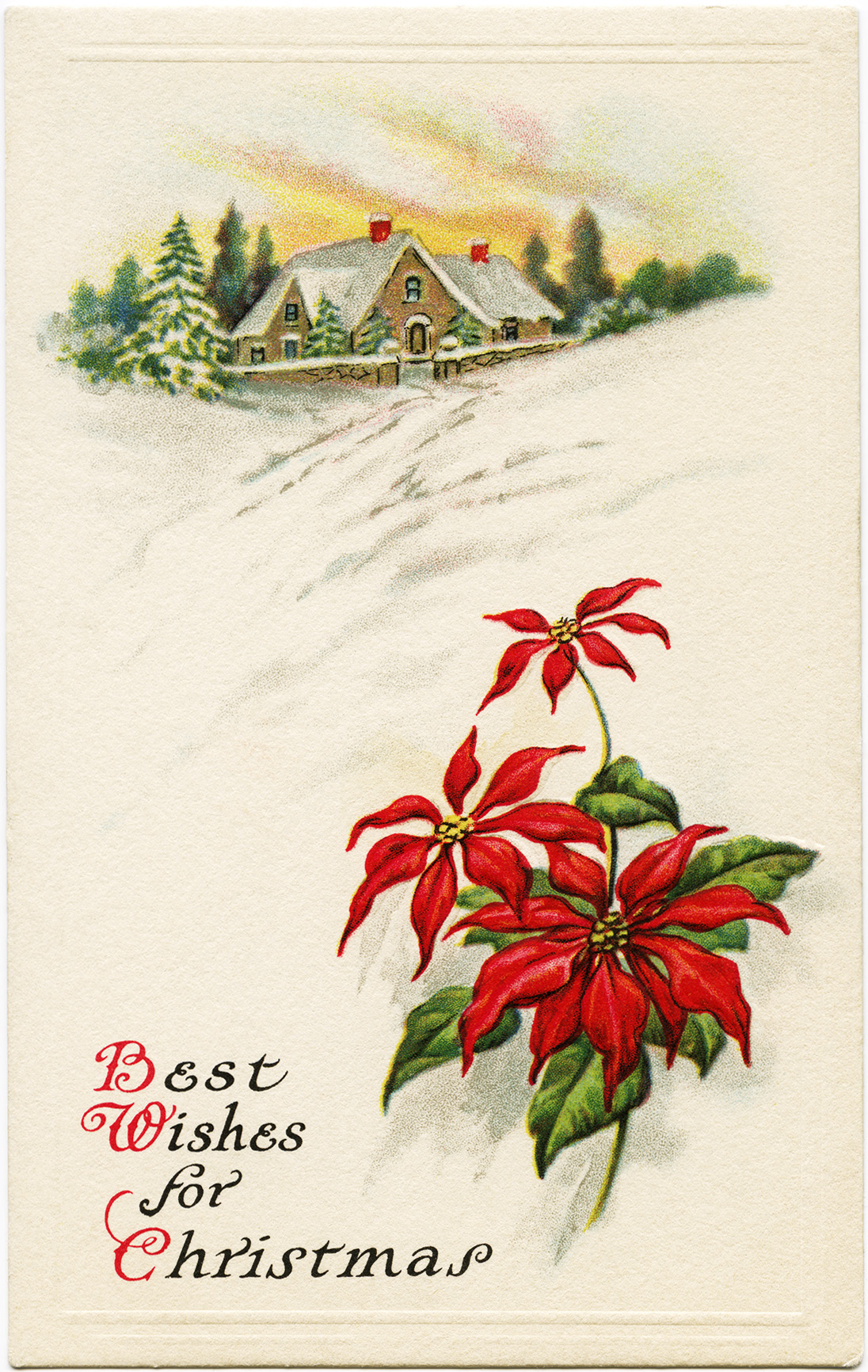 Christmas vintage postcard, poinsettia illustration, country winter scene, old fashioned Christmas card, free holiday graphic