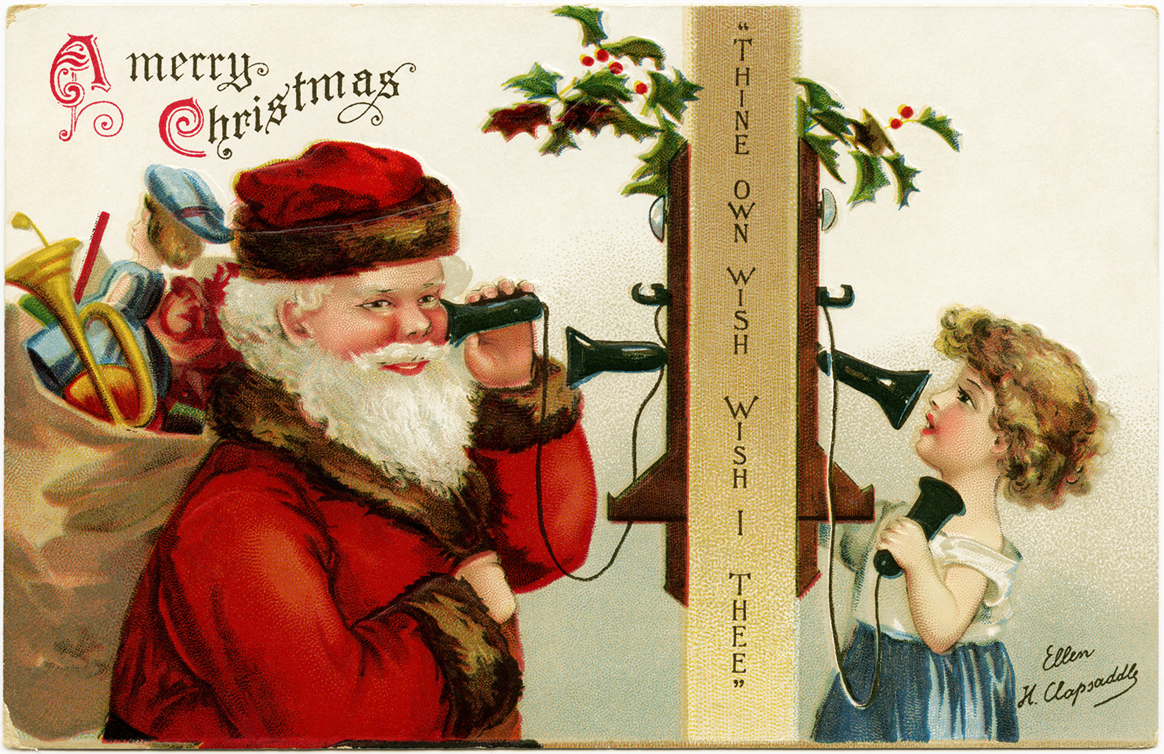 Clapsaddle Christmas postcard, vintage Christmas clip art, antique santa illustration, santa on phone with girl, old fashioned Christmas graphic