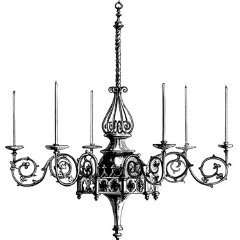Victorian chandelier illustration, black and white graphics, Hardman brass chandelier, vintage lighting, spooky Halloween clip art, antique light fixture
