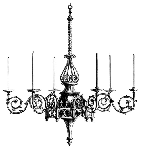 Victorian chandelier illustration, black and white graphics, Hardman brass chandelier, vintage lighting, spooky Halloween clip art, antique light fixture