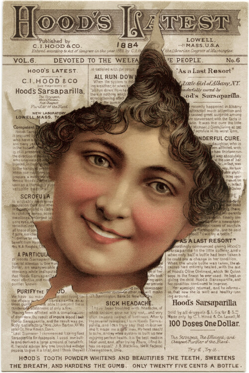 Victorian trading card, hoods sarsaparilla, free vintage ephemera, old advertising card, face in newspaper sarsaparilla ad