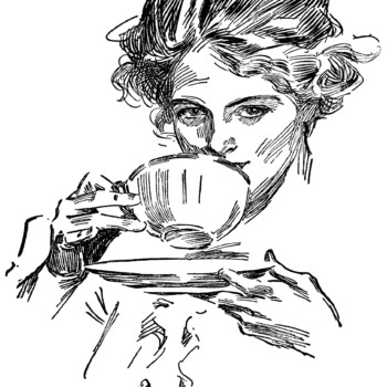 lady drinking tea, tea time graphics, vintage lady clip art, black and white clipart, Harrison Fisher sketch