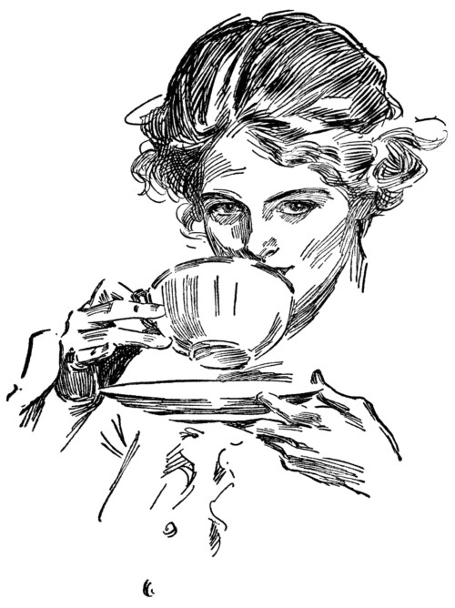 lady drinking tea, tea time graphics, vintage lady clip art, black and white clipart, Harrison Fisher sketch