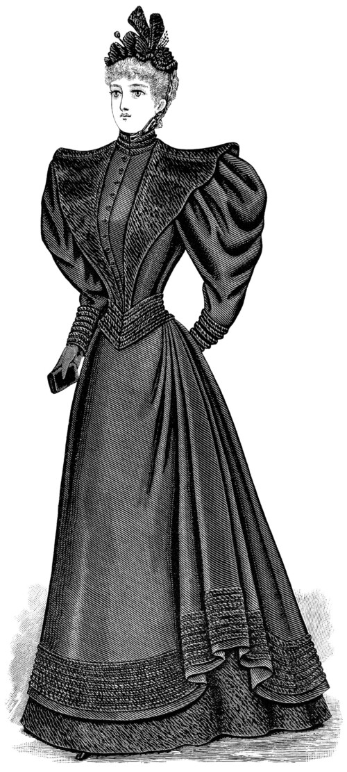Victorian lady clip art, antique mourning dress, black and white illustration, vintage lady in black dress clipart, Victorian fashion image