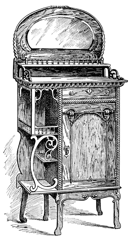 Victorian furniture illustration, black and white graphics, vintage furniture clipart, music cabinet clip art, antique furniture engraving