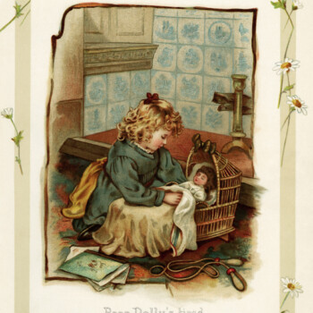 vintage storybook illustration, Victorian girl and doll, sunbeams and me, vintage child printable, sleepy doll clip art