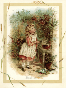 vintage storybook illustration, Victorian girl blowing bubbles, sunbeams and me, girl and kitten printable, bubble blowing fun