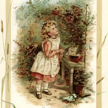 vintage storybook illustration, Victorian girl blowing bubbles, sunbeams and me, girl and kitten printable, bubble blowing fun