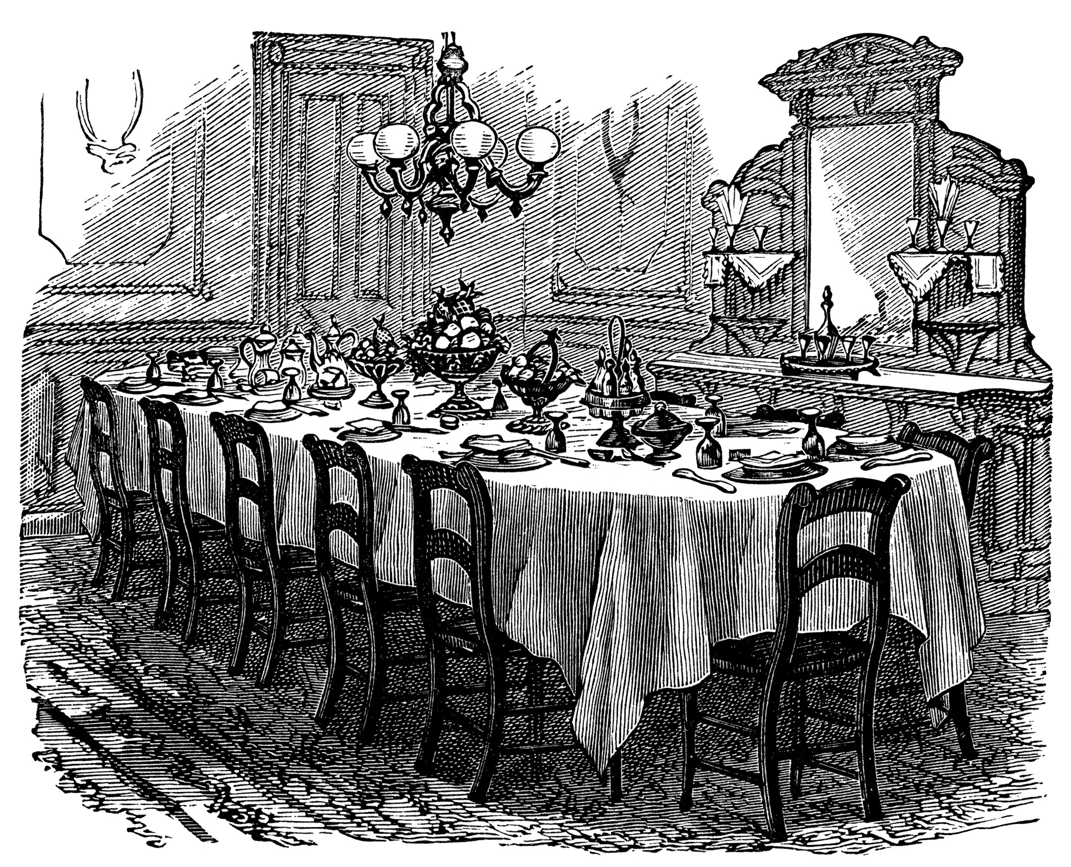 vintage kitchen clip art, black and white graphics, Victorian table setting, formal dining illustration, antique dining room