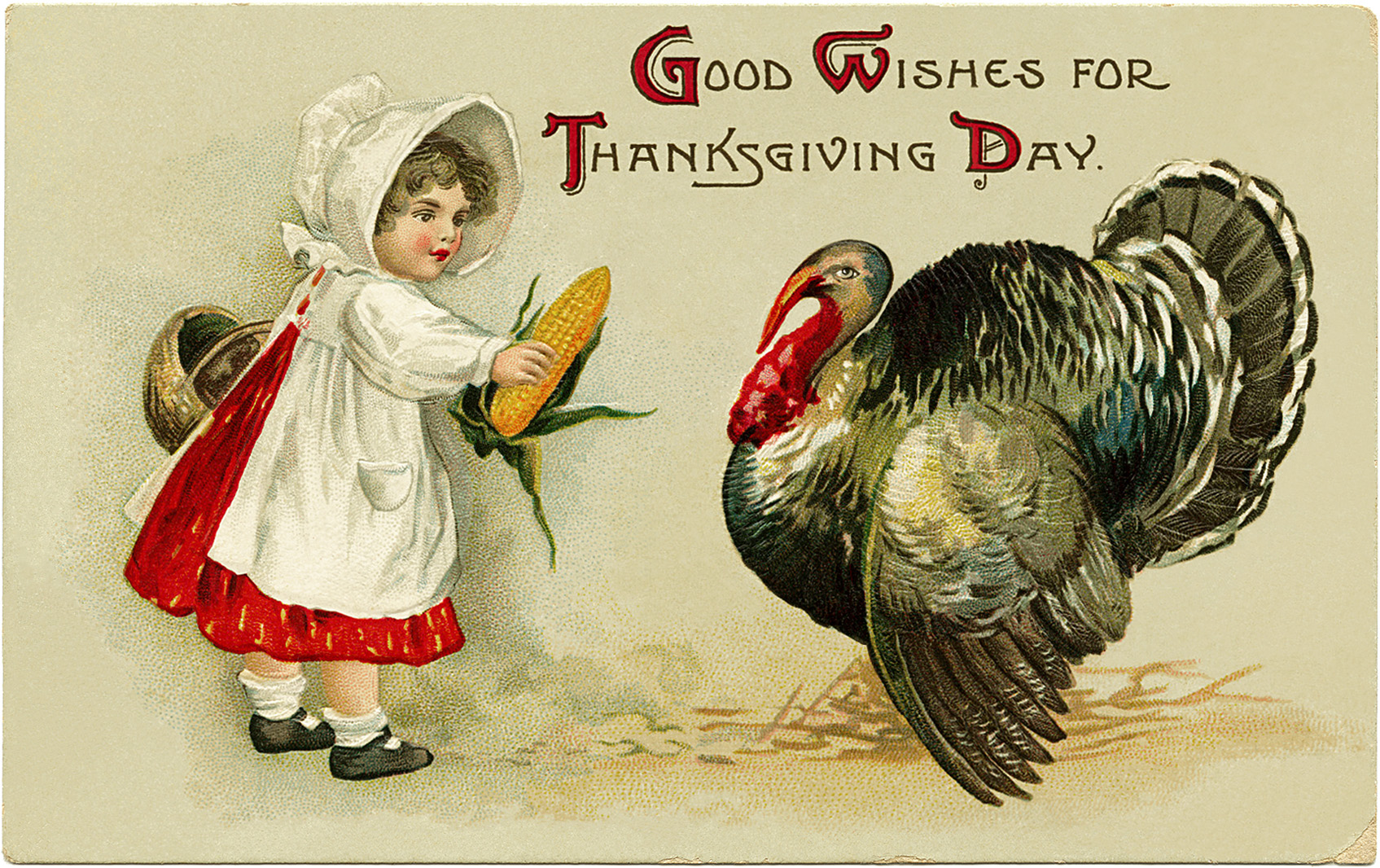 Clapsaddle Thanksgiving postcard, vintage thanksgiving clip art, girl feeding turkey corn, Ellen Clapsaddle art, old fashioned thanksgiving graphic