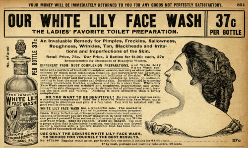 vintage beauty clipart, black and white clip art, old catalogue advertisement, aged paper ephemera, white lily face wash