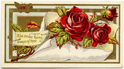 Victorian calling card, vintage ephemera, free vintage card, old fashioned visiting card, red roses illustration