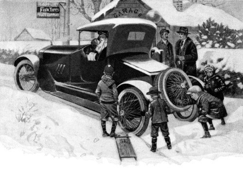 antique car graphics, free black and white clip art, old magazine ad, vintage transportation clip art, fisk tires winter scene