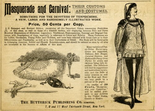 antique magazine ad, free black and white graphics, vintage costume clipart, masquerade and carnival, vintage butterick advertisement