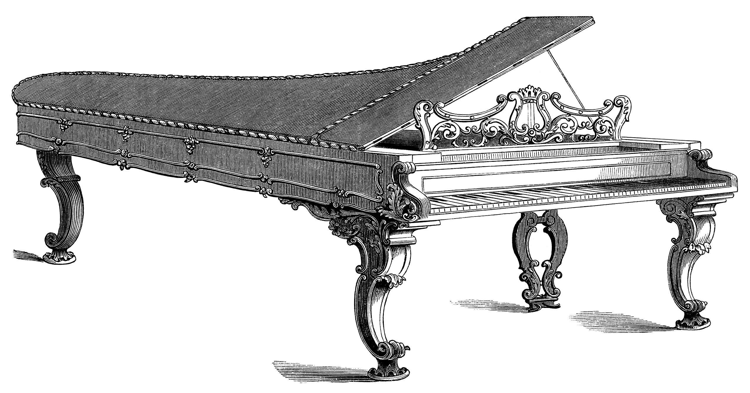 Victorian piano illustration, piano forte engraving, black and white graphics, vintage piano clipart, antique chickering piano