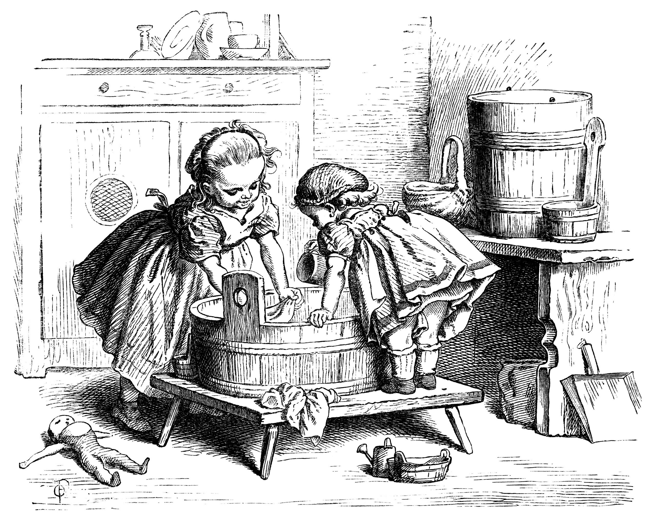 black and white clip art, Oscar pletsch engraving, Victorian girls printable, girls at play vintage clip art, washing doll clothes