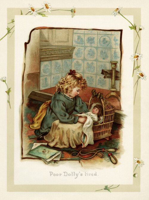 vintage storybook illustration, Victorian girl and doll, sunbeams and me, vintage child printable, sleepy doll clip art