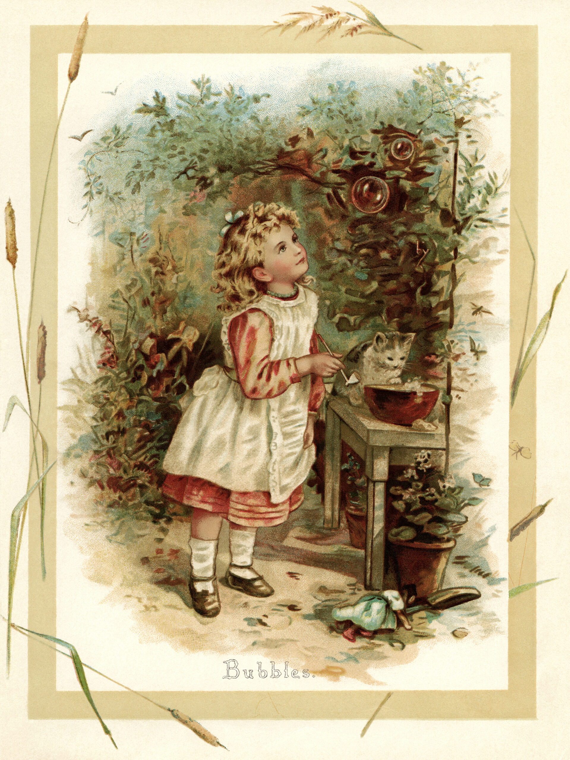 vintage storybook illustration, Victorian girl blowing bubbles, sunbeams and me, girl and kitten printable, bubble blowing fun