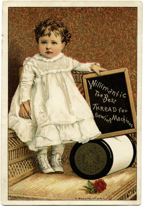 Victorian advertising card, Willimantic thread ad, vintage sewing clip art, vintage trade card, sewing thread ephemera