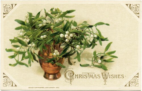 John Winsch, vintage Christmas postcard, mistletoe and berries clip art, Victorian Christmas card, antique Christmas illustration